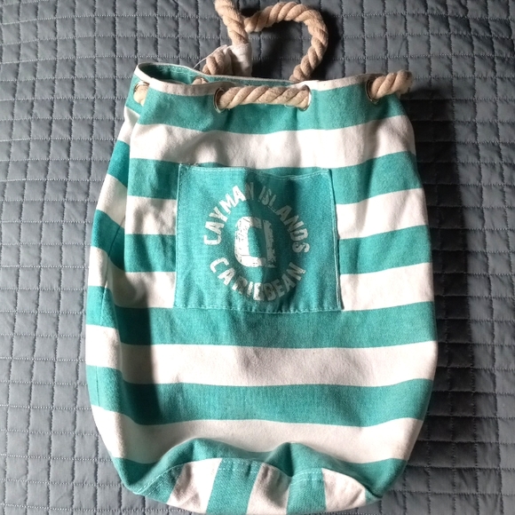 Teal and white striped canvas and Rope beach bag - Picture 1 of 7